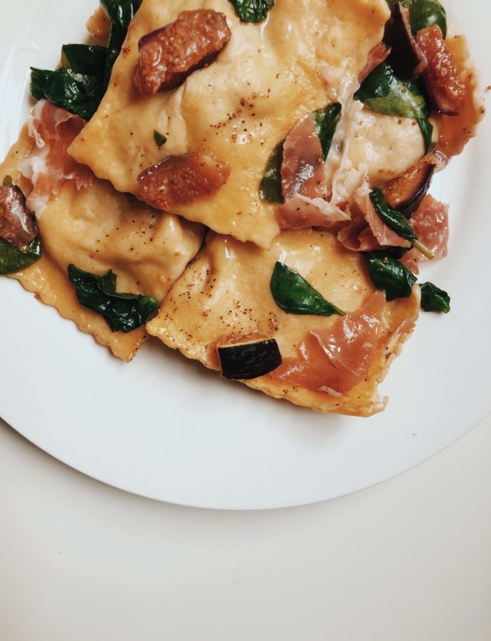 Fig and brussels sprouts stuffed fall ravioli, with homemade dough